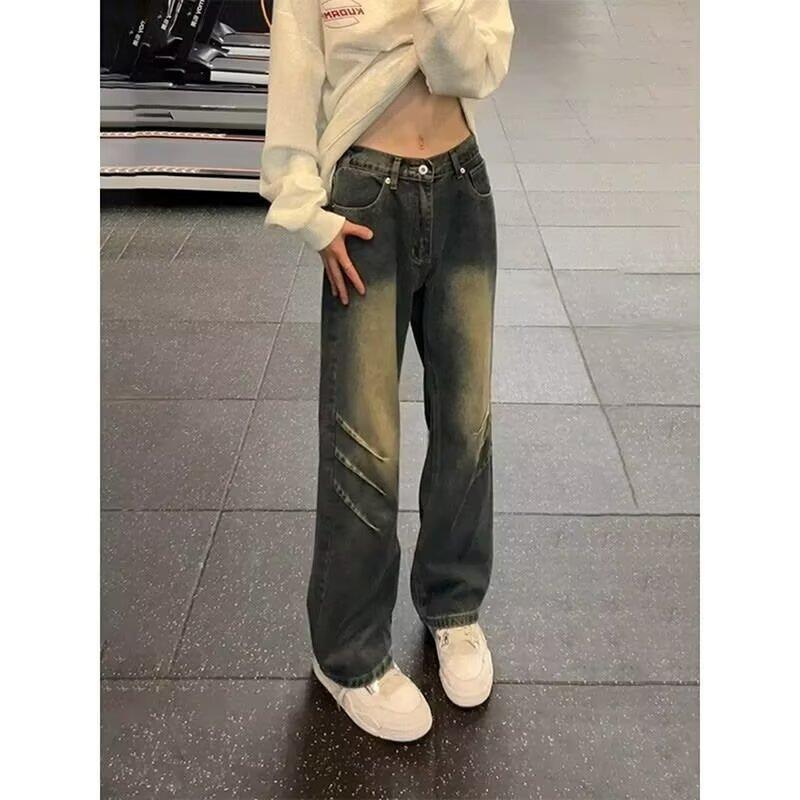American retro washed dark blue jeans men's scimitar vibe pants high street handsome casual straight micro-pull pants