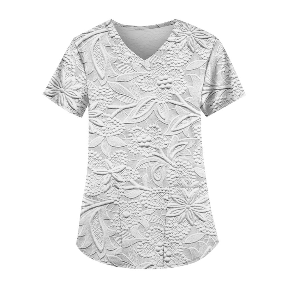 Plus Size Printed Scrub Working Uniform Tops For Women's V-Neck Short Sleeve Fun T-Shirts Workwear Tee With Pockets