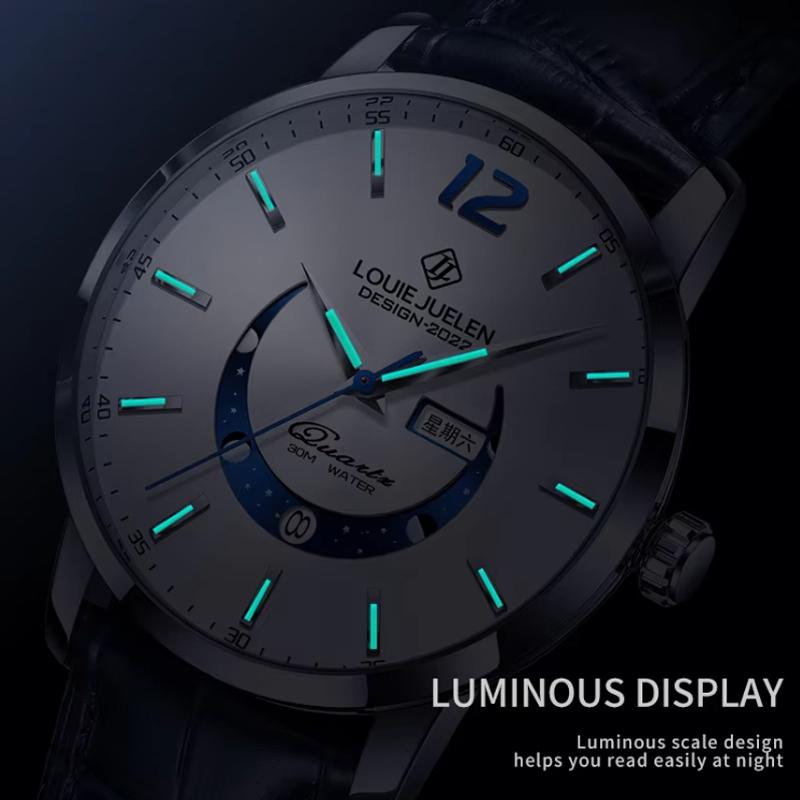 Herren High-End Uhr Business Marke Mondphase Leuchtend Wasserdicht Echtes Leder Männlich Mode Quarz Uhr Uhren Geschenk