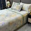 Nordic Style Floral Printed Cooling Mat Set Summer Skin Friendly Ice Silk Bed Sheet Set With Pillowcase Breathable Bed Mattress