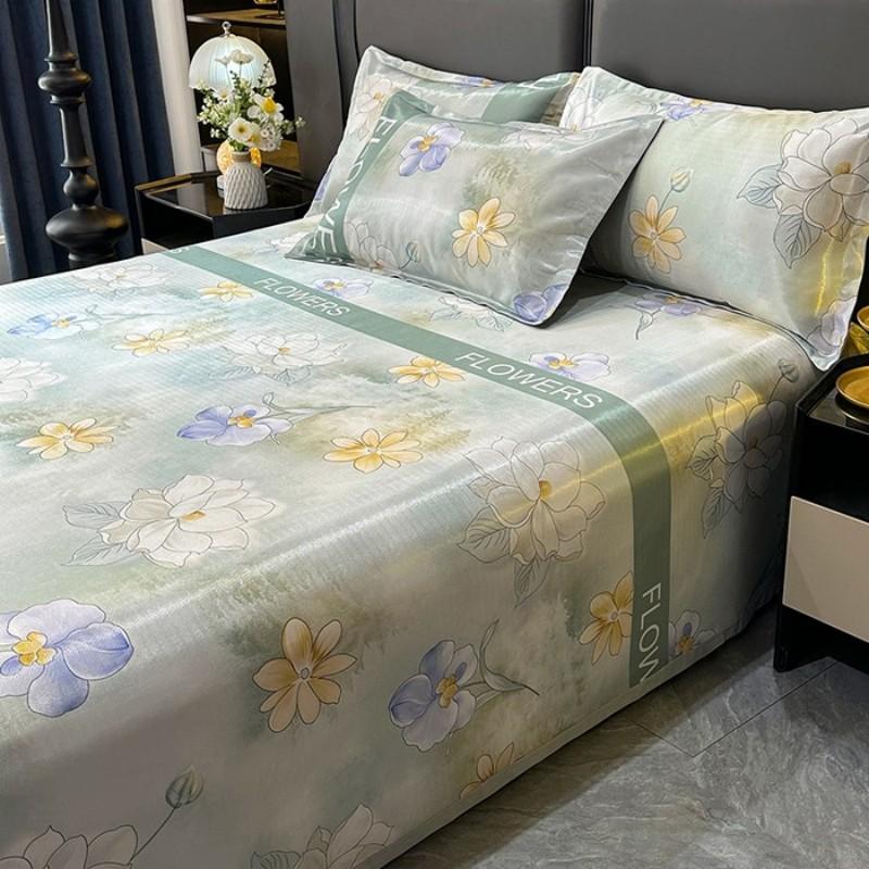 Nordic Style Floral Printed Cooling Mat Set Summer Skin Friendly Ice Silk Bed Sheet Set With Pillowcase Breathable Bed Mattress