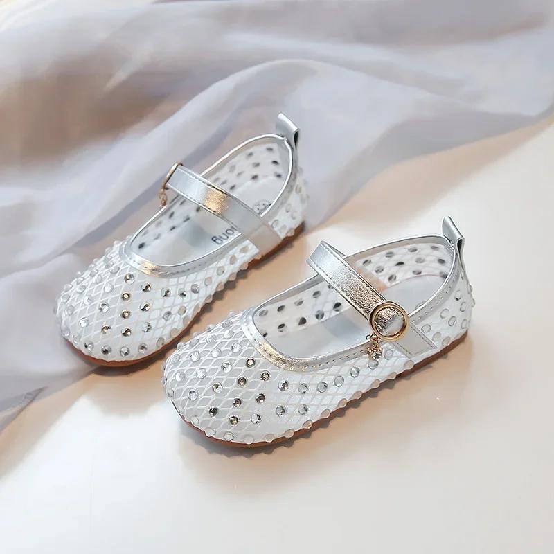 Girls Mesh Shoes Round Toes Kids Princess Shoes Shiny Crystal Elegant Summer Kids Flat Shoes Breathable Non-slip Soft