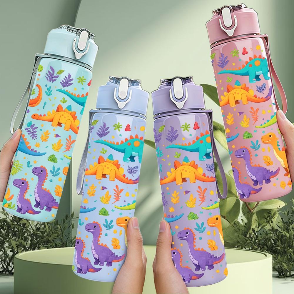 1PC Dinosaur Cartoon Colorful Sticker Print 750ml Color Plastic Sports Water Bottle Leakproof Flip Straw Lid Suitable for Sports Office Home Use