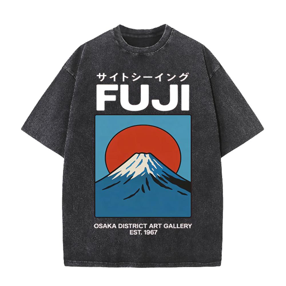 2026 Vintage Washed Black Fuji Mountain Graphic T Shirt Japanese Retro Sunrise Landscape Print Oversized Casual Short Sleeve Tee