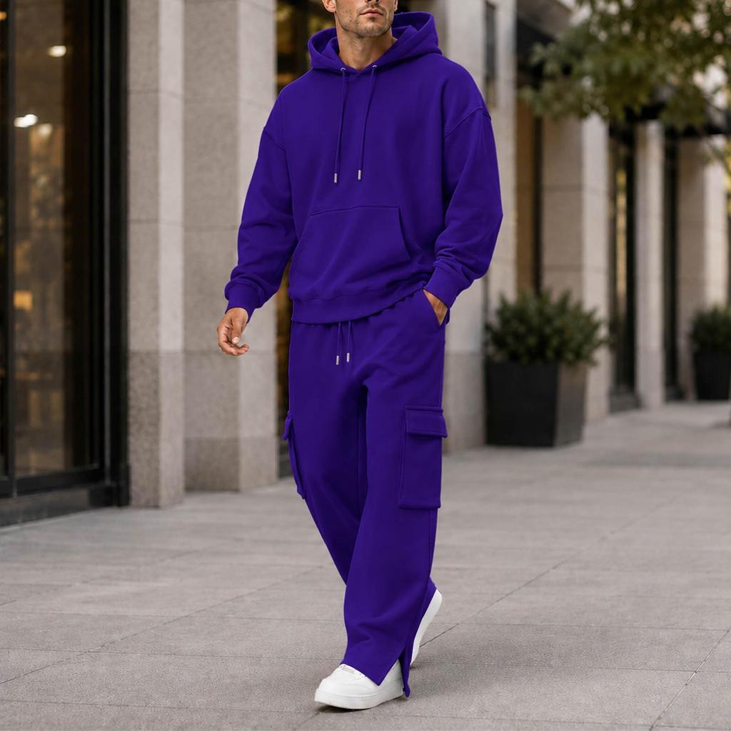 Men's Loose Fit Lined Hoodie and Wide Leg Cargo Pants Set Casual Outdoor Sports Tracksuit