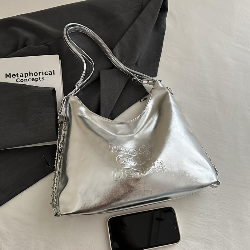 Stylish Silvery Large Capacity Handbag Versatile Crossbody & Shoulder Carry, Durable with Polyester Lining, Zipper Closure