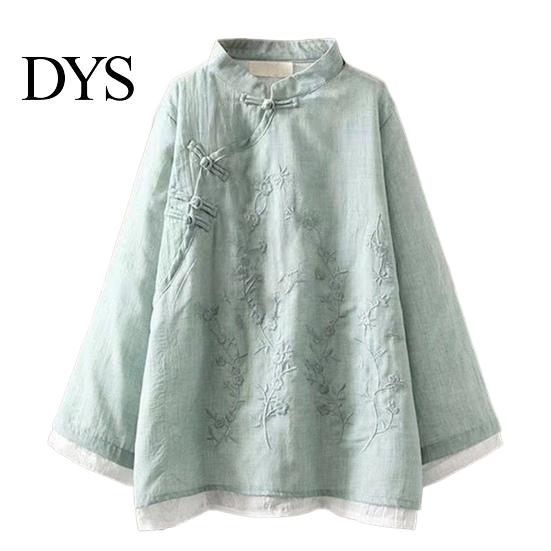 Lady Fall Spring Top Women Retro Chinese Style Embroidered Flower Pattern Knot Button Solid Color Keep Warm Loose Stand Collar Plus Size Vintage