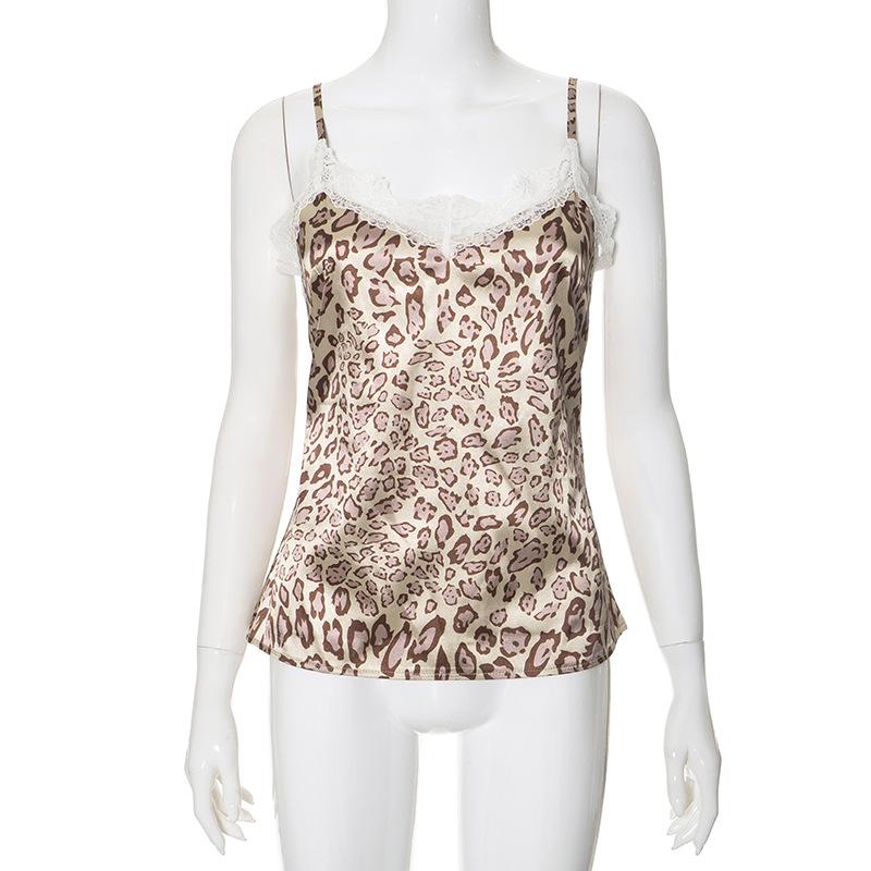 Retro Leopardí potisk Krajka Prošívání Halenka s výstřihem do V Dámské Slim Zeštíhlující