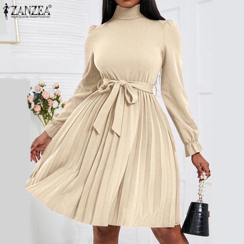 

ZANZEA Весеннее модное плиссированное платье Женское повседневное платье с высоким воротником и длинным рукавом