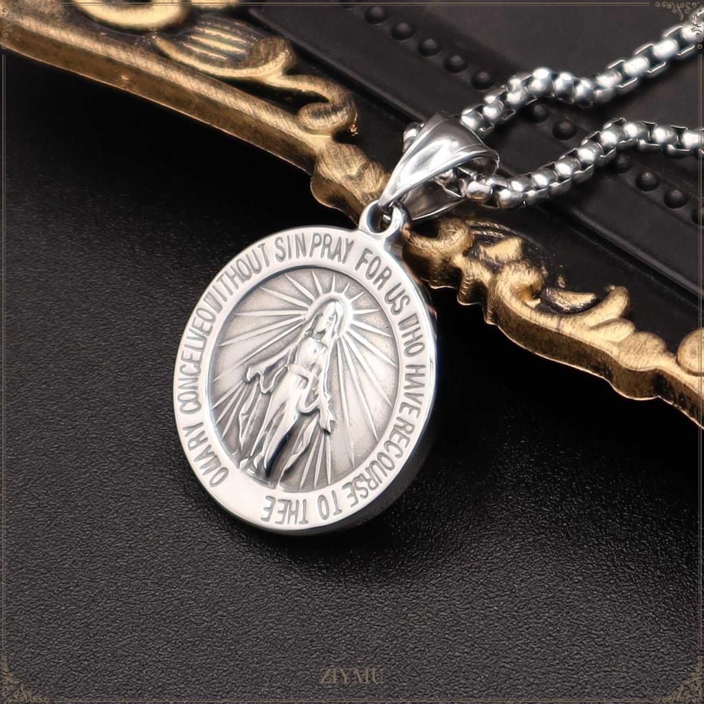 [ZIYMU] Virgin Mary Miraculous Medal Pendant Necklace, Venetian Chain, Unisex, 50cm, Silver p-065s