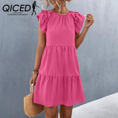 Spring Summer Short Sleeve O-Neck Loose Women's Solid Color Dress