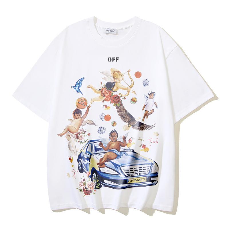 

1139 Off-White 2025 Summer New Angel Car Mural Pattern Printed Short Sleeved T-shirt for Men and Women L білий