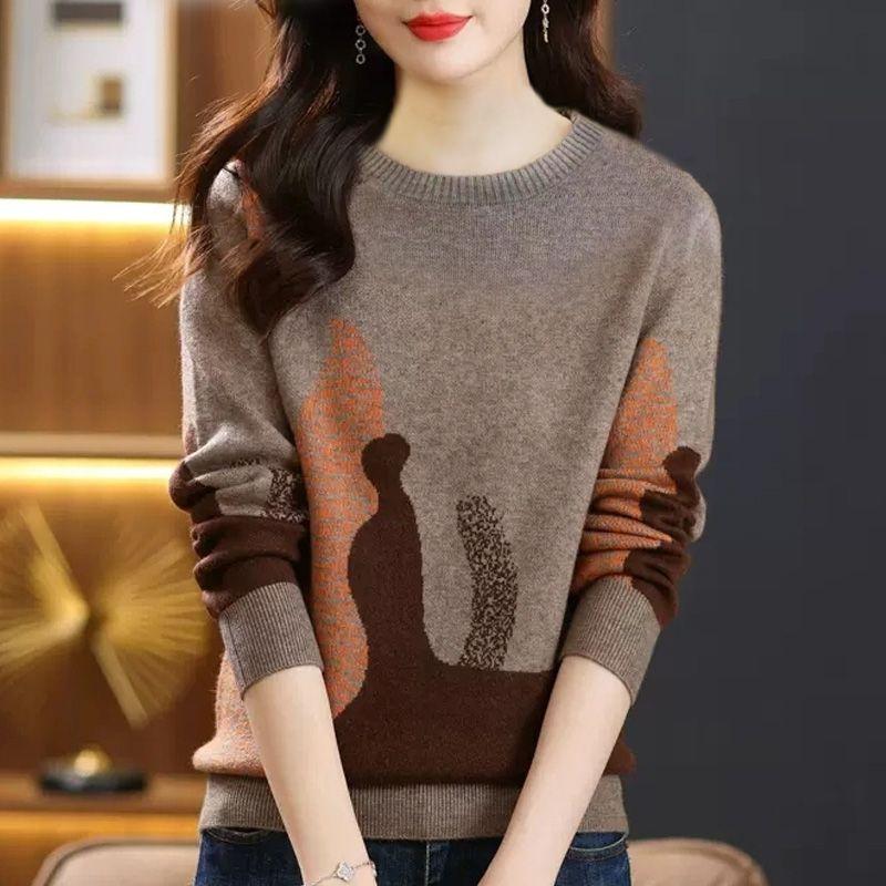 Autumn/Winter Fashion Round Neck Contrast Jacquard Hollow Vintage Art Casual Loose Long Sleeve Sweater