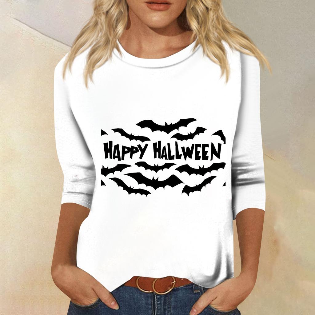 Women's Fashion Casual Round Neck Three-quarter Sleeve Halloween Printed T-shirt Top
