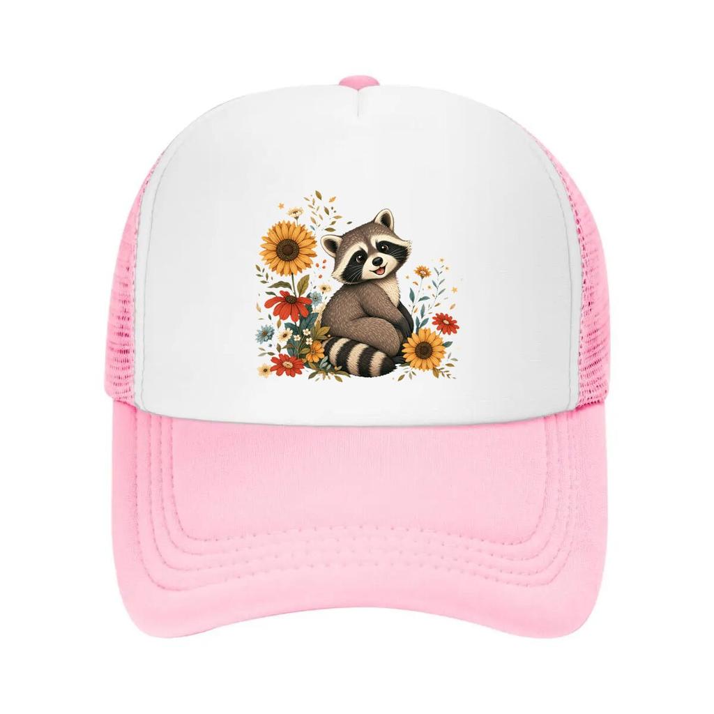 Whimsical Forest Raccoon Floral Port Mesh Baseball Cap Casual Hat Outdoor For Womens Unisex FeUnisex