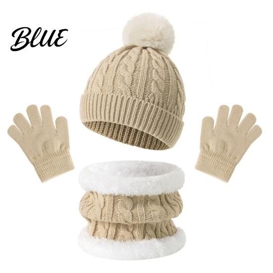 Soft Comfortable Winter Headwear Kids Warm Knit Set Bear Ear Hat Fleece Lined Neck Gaiter & Thermal Accessories Full Finger Gloves Thick
