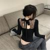 Threaded Plush Women's Lace Patchwork Halter Long Sleeve Backless Top Black