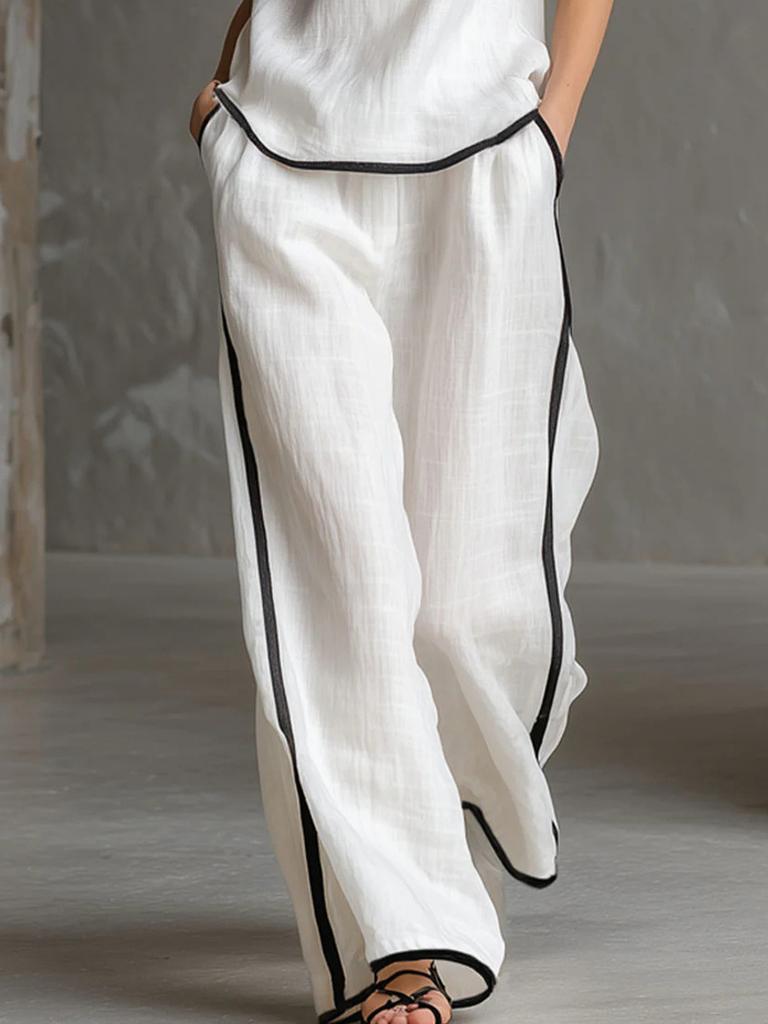 Summer Sleeveless V-Neck  Black Trim Color Block, Simple and Elegant; Wide Leg Pants Style, High-Rise Slim Fit