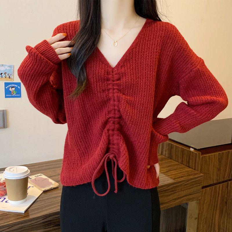 Plus Size Women's Autumn V-neck Knit Top 2025: Slimming Loose Fit