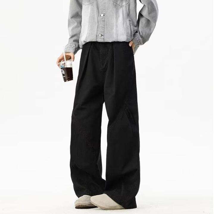 American retro washed overalls men's spring and autumn tide loose pleated versatile drape design straight casual pants