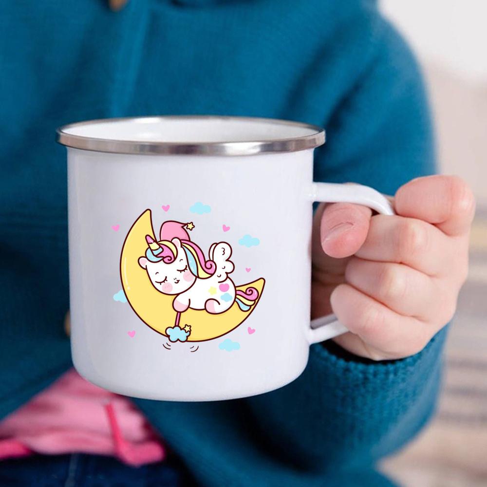 Cartoon Unicorn Printed Creative Mug Water Juice Drinks Milk Cup Enamel Mugs Handle Drinkware Kids Birthday Children's Day Gift