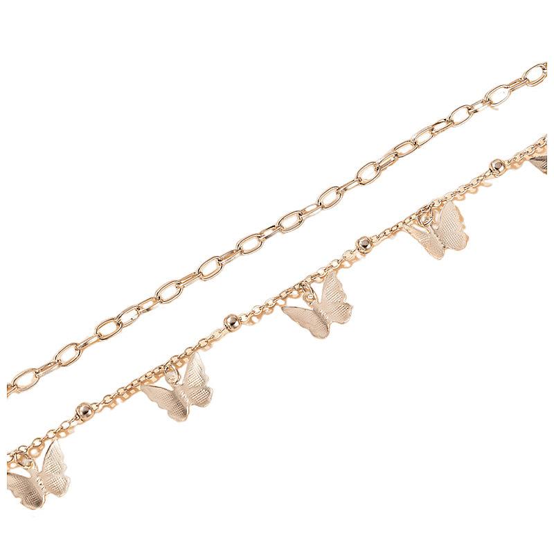 Personalized and Creative Cross Chain Copper Bead Foot Decoration for Women, Double-layer Metal Butterfly Pendant Anklet