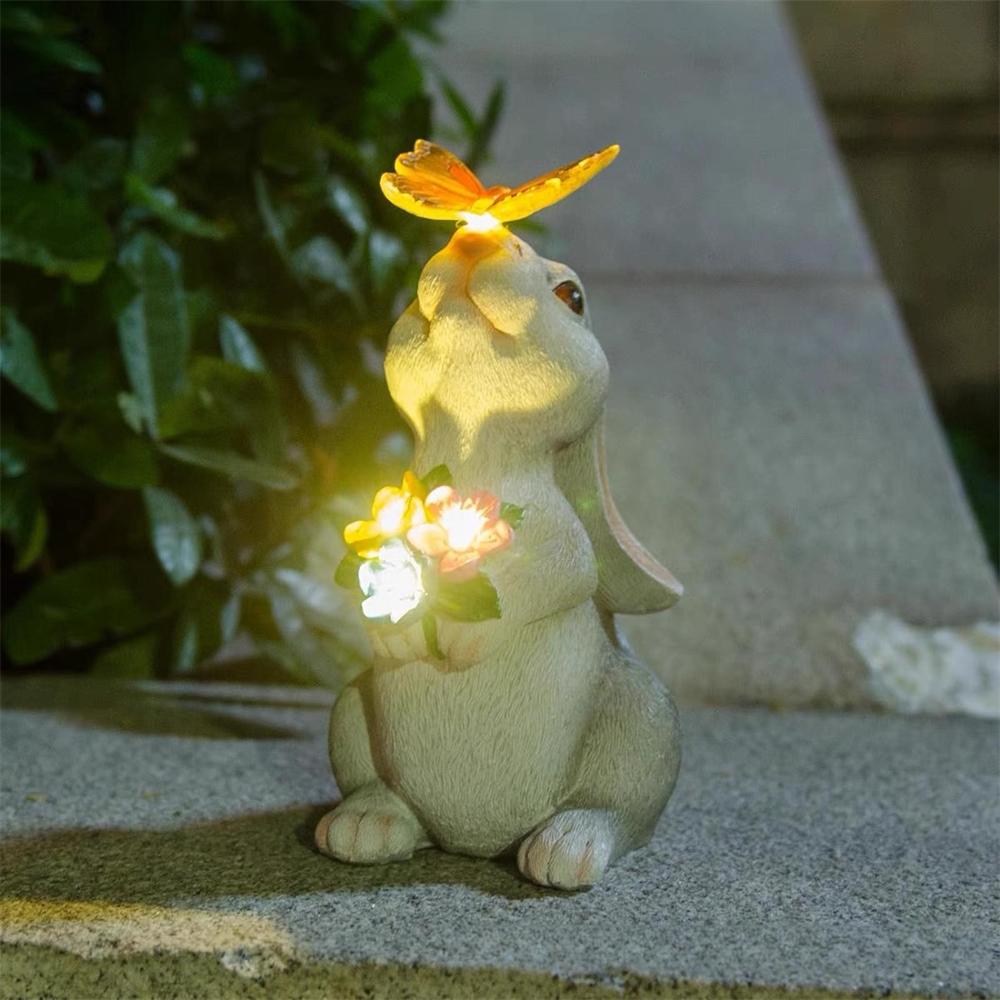 Solar Bunny Cat Statue Garden Decor LED Light Resin Animal Sculpture Figurine Outdoor Decoration for Courtyard