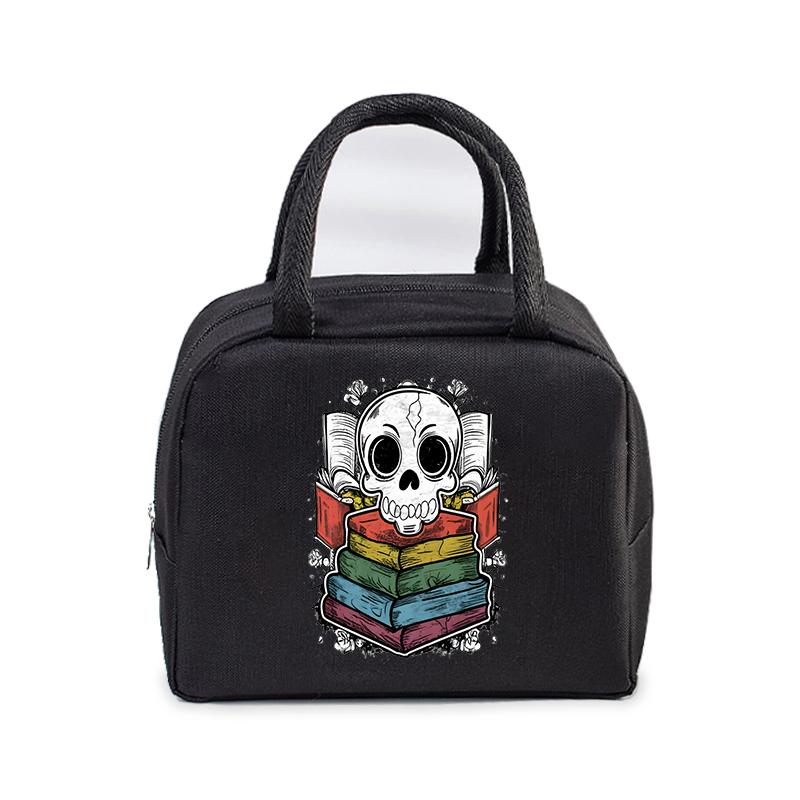 Skull Reading Books Print Lunch Bag Men and Women Vintage Style Graphics Thermal Handbags Thickened Insulation Lunch Box Bag