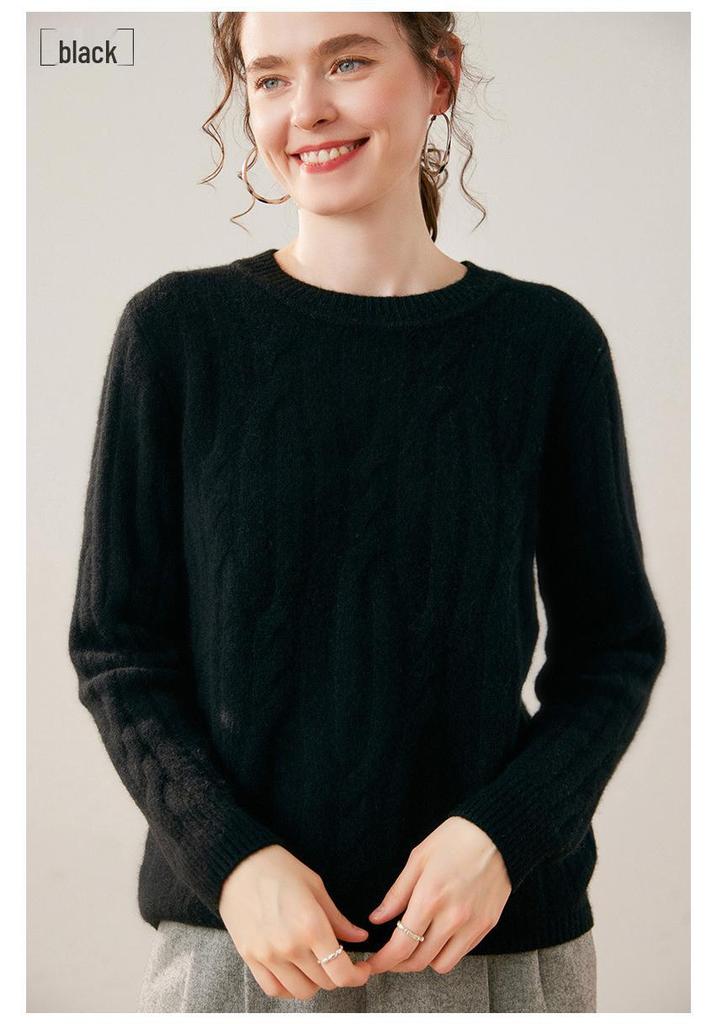 2026 Autumn/Winter Women's Thick Cashmere Round Neck Cable Knit Sweater - Loose, Cozy Style