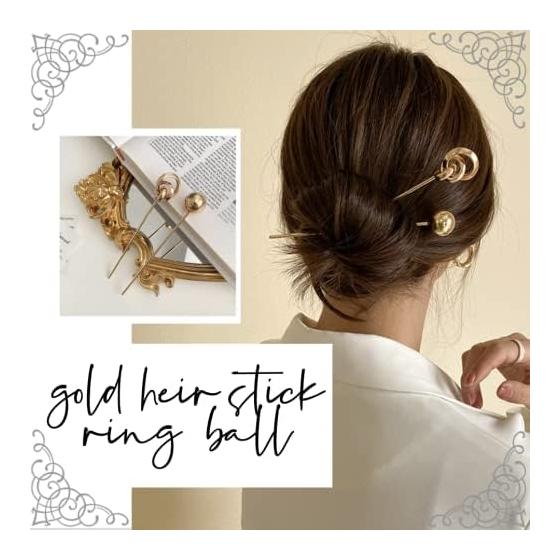 Marrowsome Gold Kanzashi Hair Stick Pin for Kimono, Single Prong with Ball