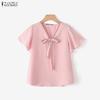 ZANZEA Womens Elegant V-Neck Tie Bow Stitching Short Sleeve Casual Loose Blouse Tops