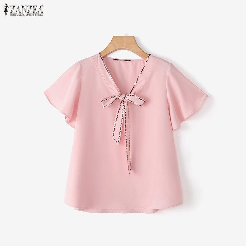 ZANZEA Womens Elegant V-Neck Tie Bow Stitching Short Sleeve Casual Loose Blouse Tops