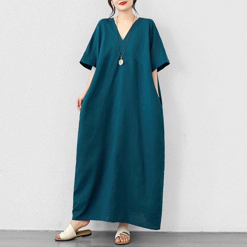 Abito estivo lungo casual ampio taglie forti cotone vintage manica corta nuovo per donna