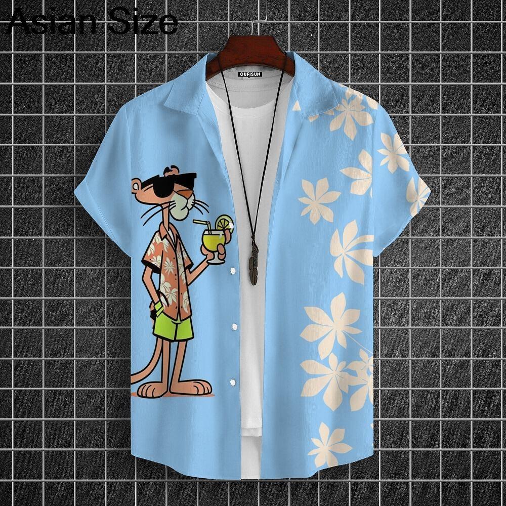Cartoon Leopard Grafik Herren Kurzarm Hemd mit Kragen Oberteile Unisex Rosa Knopfleiste Hawaiian Hemden Sommer Täglich Damen Blusen