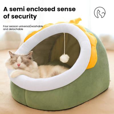 Cat Cave Bed Indoor Cats Animal Shape Semi-Enclosed Bed with Hanging Ball Cozy Warm Pet