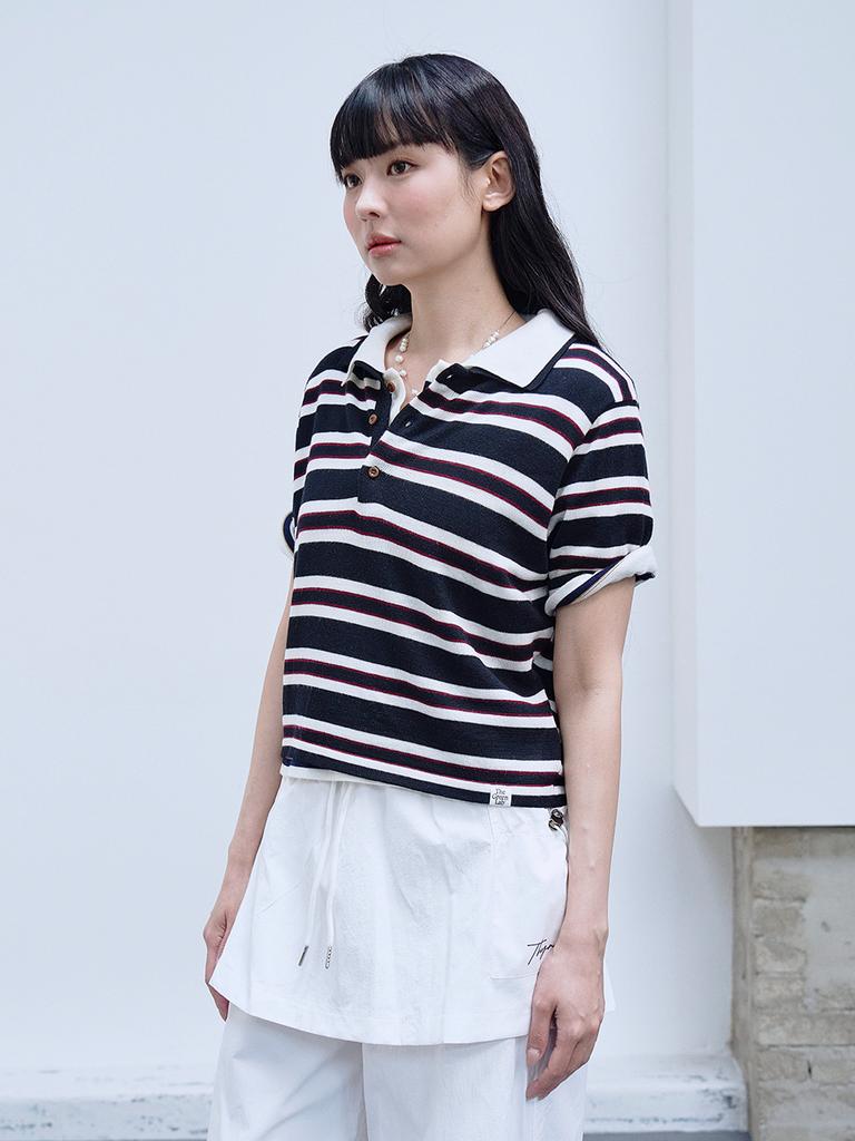 THE GREEN LAB Striped Polo Neck Short Sleeve Knit [Black]