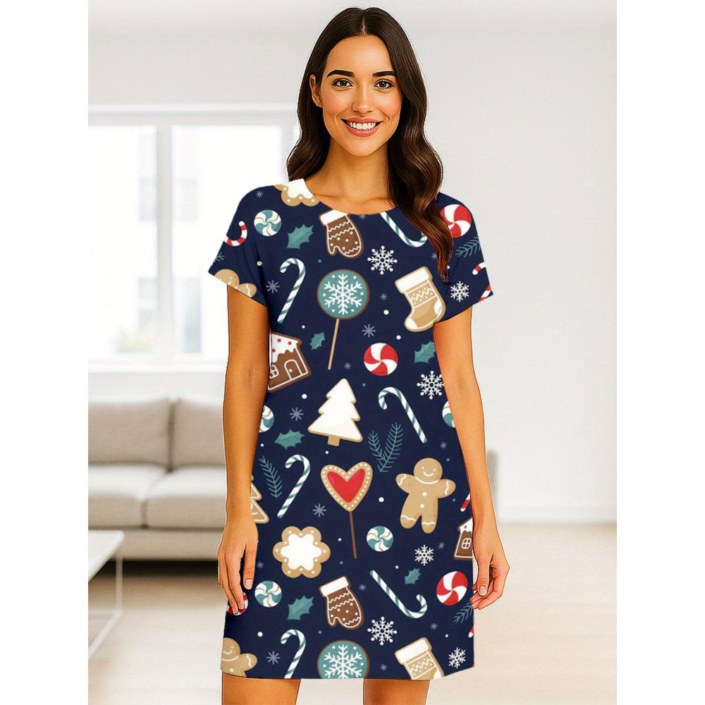 Uroczy nadruk z kotem, codzienna odzież domowa, damska, koszula nocna, sukienki z krótkim rękawem, luźny krój, odzież nocna, odzież domowa, sukienki do chodzenia po domu