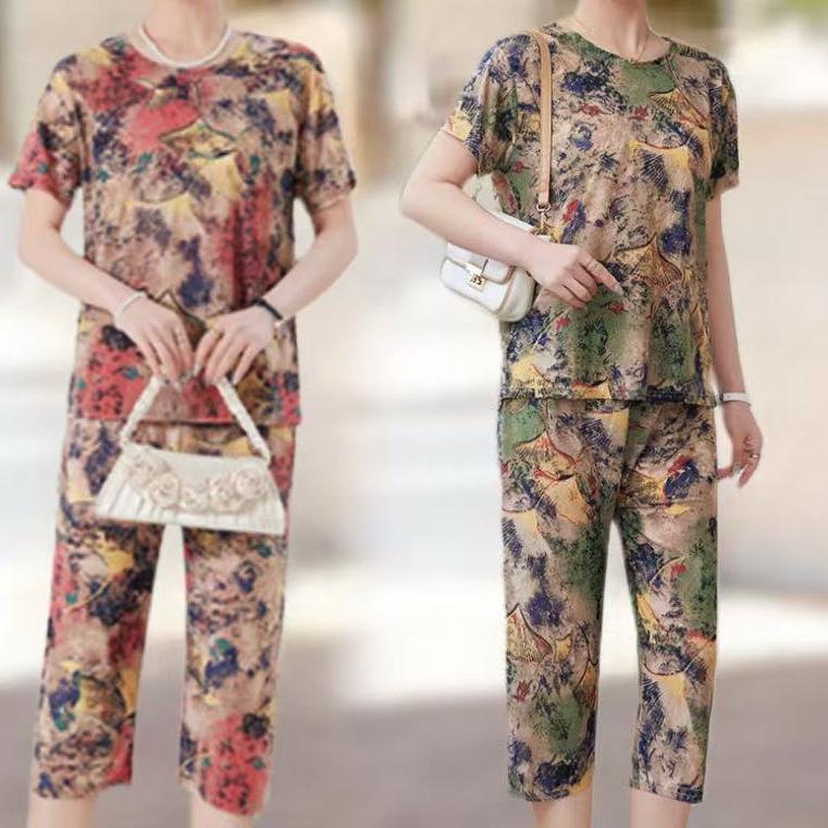 Stylish Ice Silk Two-Piece Summer Set for Middle-Aged Women: Loose, Casual Short Sleeve Suit