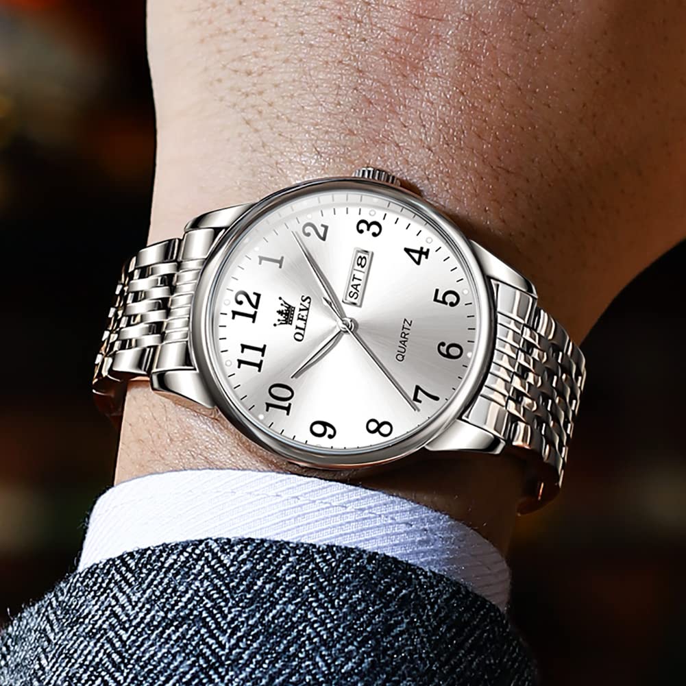 OLEVS Popular Waterproof Analog Metal Band Stainless Steel Day of the Quartz Silver Large Gift Men's Watch, Fashion, Watch, Men's Watch, Watch, Men's