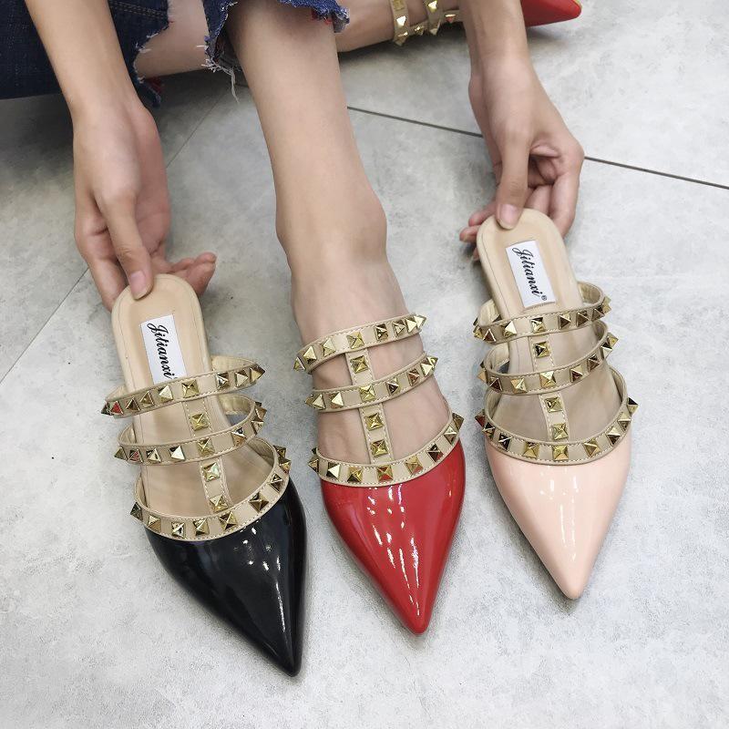 

Baotou pointed slippers rivets fashion cool slippers women s outerwear shoes lazy shoes flats 43 yards тілесний