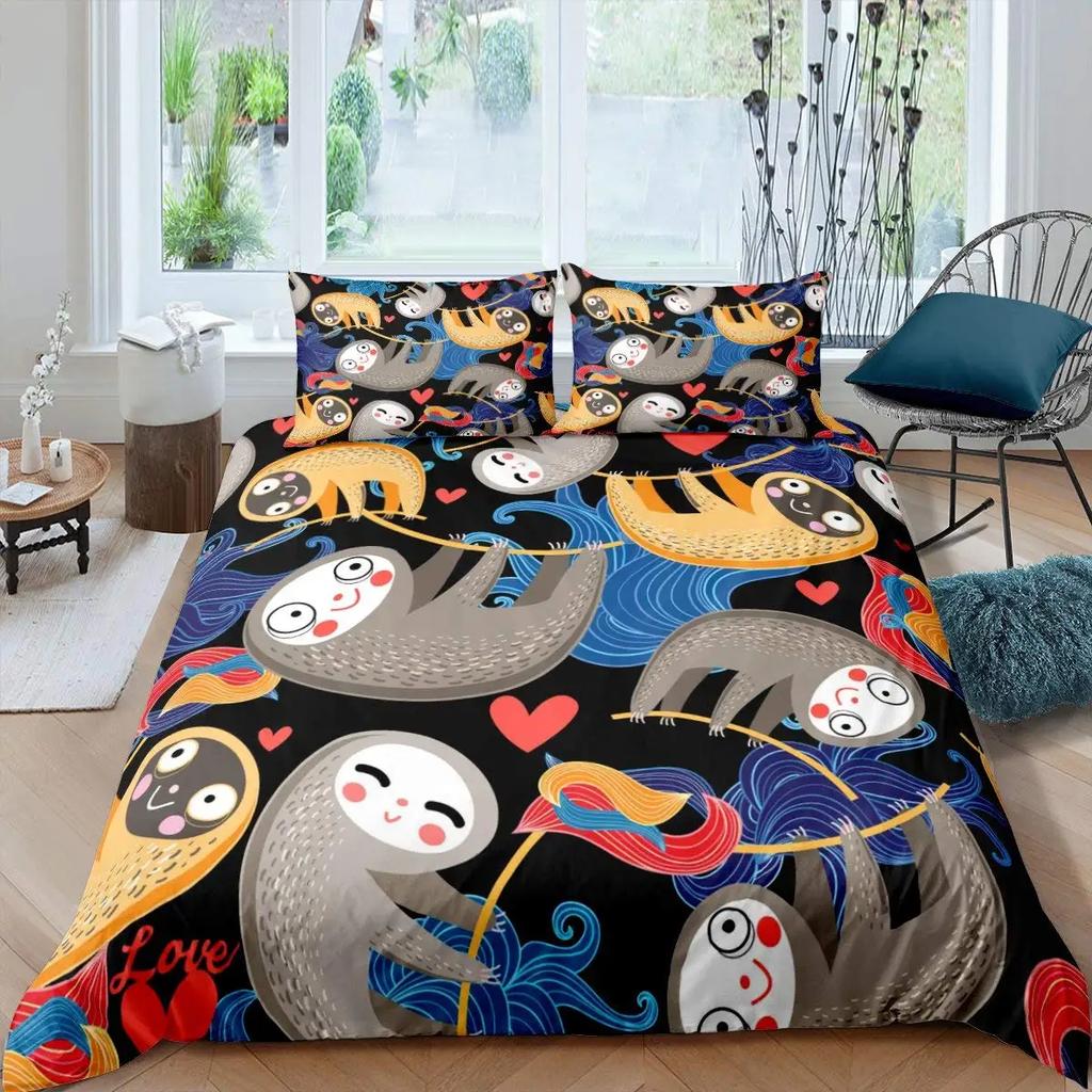 Floral Sloth Cartoon Cute Sloth Duvet Cover Flowers Sloth Animal Cover Kids Boys Girls Gifts Bedding Sets for Bedroom Decortion