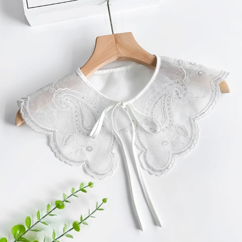 Elegant White Embroidered Flower Detachable Collar for Women Fashionable Sequins Embellished Mesh Shawl Wrap Capelet