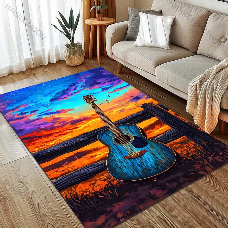 Guitar In The Sunset Print Carpet for Bedroom Living Room Bedside Sofa Floor Mat Modern Home Decor Play Area Rug Large Size
