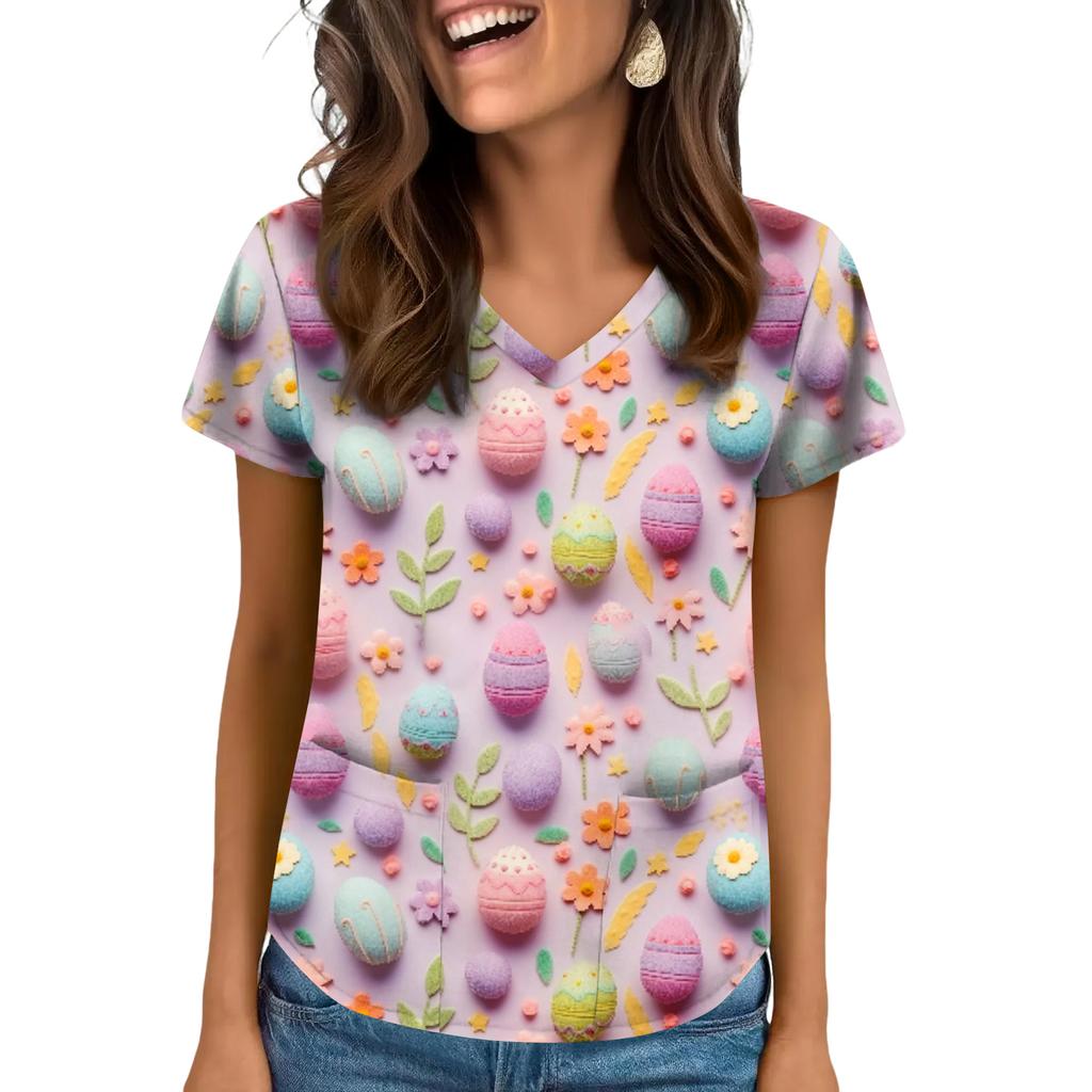 Women's V-Neck Easter Print Short-Sleeve Pocket Top With Side Slit
