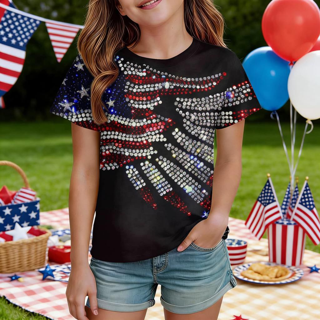 Kids Independence Day Print Round Neck Short Sleeve Casual T-shirt