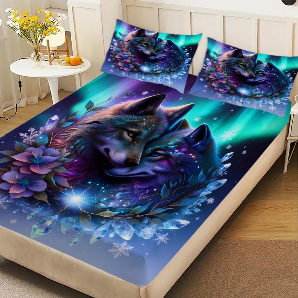 Wolf Couple Fitted Sheet Set Blue Purple Aurora Floral Print Bedding Set With Pillowcases For Bedroom Decor