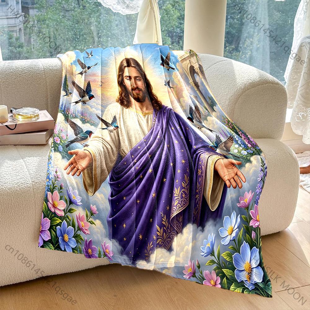 Jesus in Purple Robes with Flowers and Birds Print Blanket Warm Soft Fluffy Kids and Adult Sofa Bed Throw Blanket Travel Camping