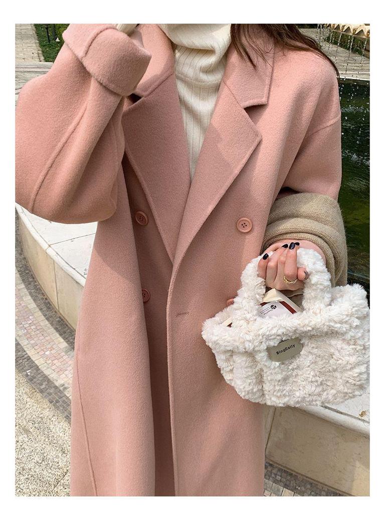 Women's Hepburn Style Korean Pink Wool Coat - Mid-Length, Autumn/Winter 2025 Collection, Petite Fit, High-End Feel