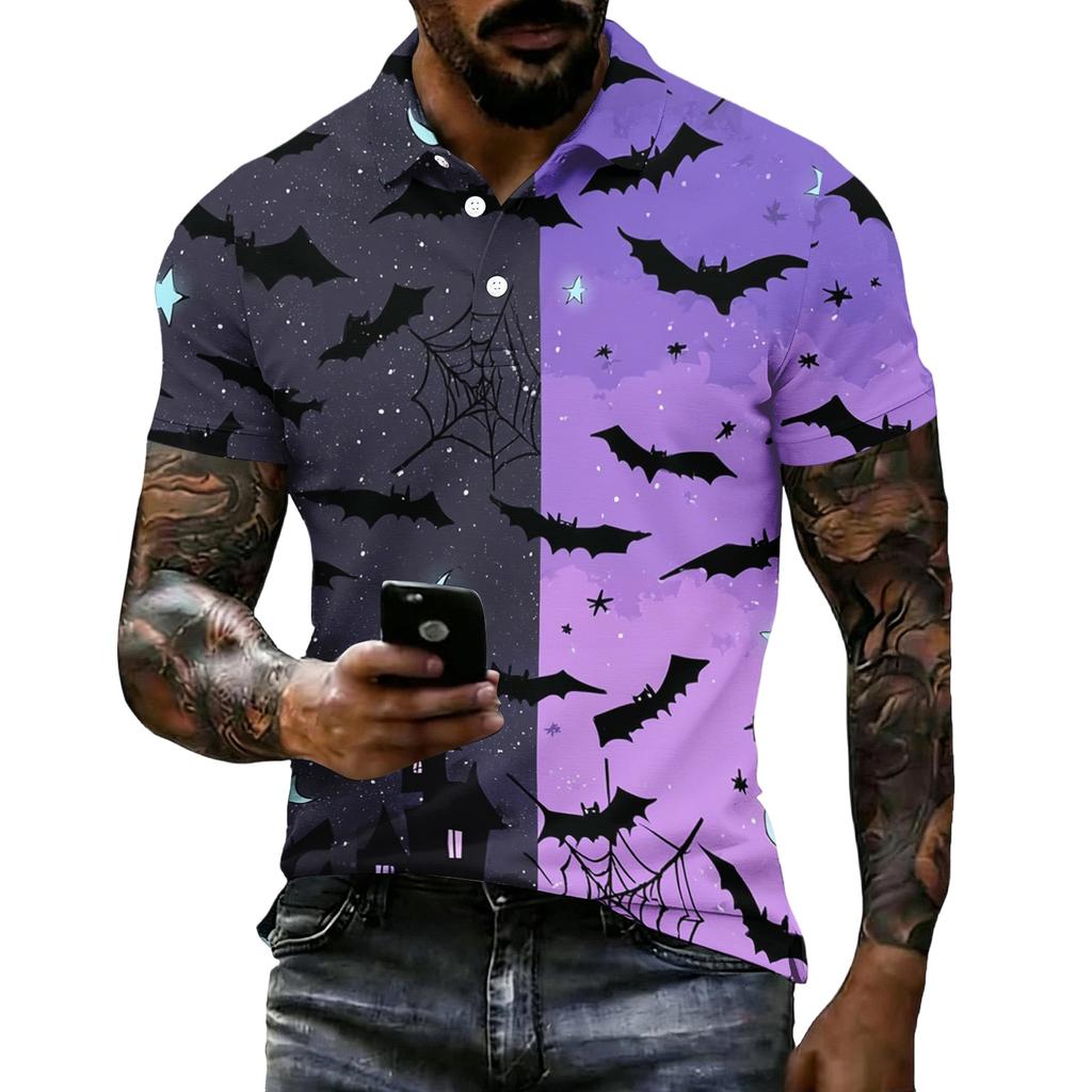 Unisex Loose Fit Casual Short Sleeve Polo Shirt with Halloween Themed Print for Everyday and Seasonal Wear