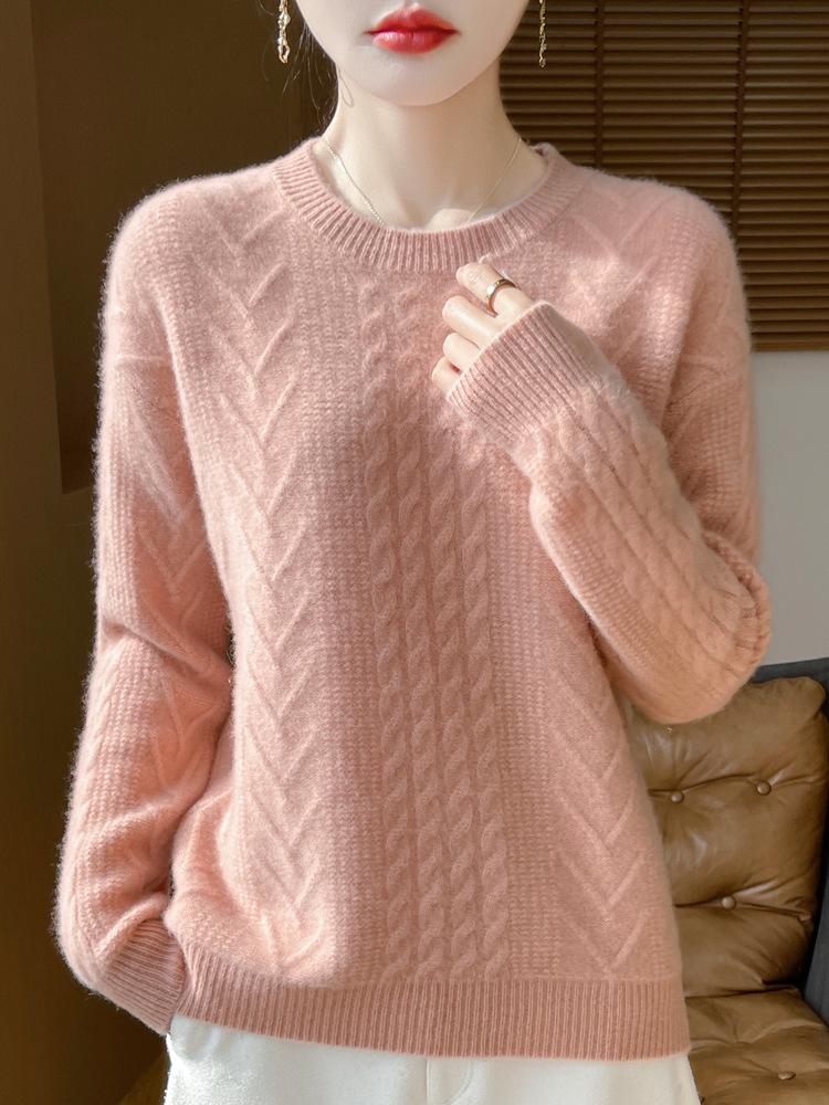 Women's Pure Wool Cable Knit Pullover - Thick Autumn/Winter Round Neck, Loose Fit Cashmere Sweater